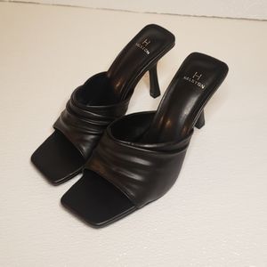 H by Halston Black Leather Square-Toe Mule Heels